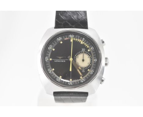 A Longines Nonius Flyback, chronograph, gents, stainless steel wristwatch, circa 1968, reference number 8225-1, the black dia