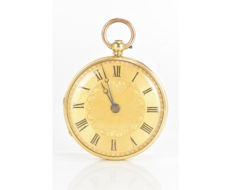 A Victorian 18ct gold open face pocket watch, hallmarked London 1851, the engine turned dial having black Roman numerals with