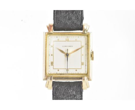A Longines, manual wind, gents, gold plated wristwatch, mid 20th century, the square white dial having gilt hands and a blued