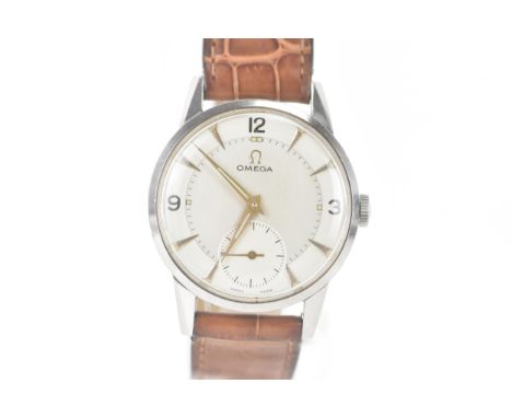 An Omega, manual wind, gents, stainless steel wristwatch, circa 1950, the two-tone dial having Arabic numerals and baton mark
