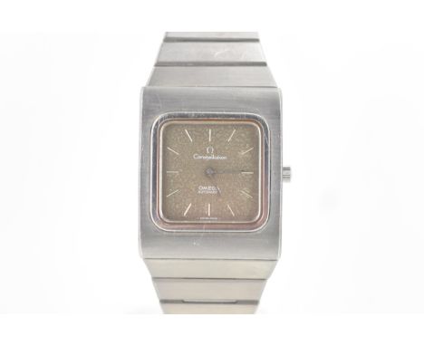 An Omega Constellation, automatic, gents, stainless steel wristwatch, circa 1970s, the square silvered dial having baton mark