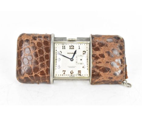 A Movado Chronometre Ermeto Art Deco steel and leather travelling purse watch, having a square silvered dial with Arabic nume