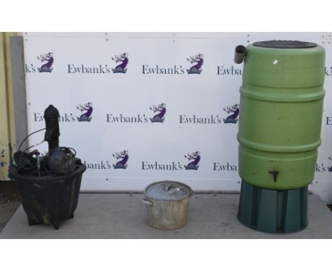 Electric water pump, large plastic rain water butt, wooden chair, step ladder etc.,