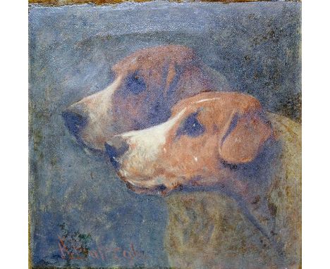 Arthur Batt (1846-1911), oil on canvas portrait of two dogs, signed and dated '96, 15 x 15cm 