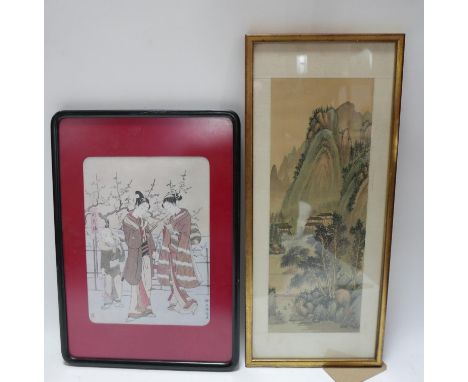 A Chinese watercolour on silk together with a Japanese print 