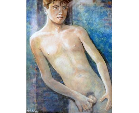 H. Wets, Portrait of a naked young man, watercolour and gouache, signed, 30 x 22cm 