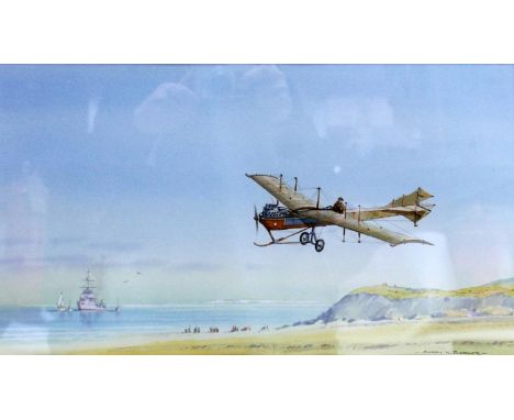Barry K. Barnes, a plane flying low over a beach with battleship to background, watercolour, signed lower right, 27 x 47cm 
