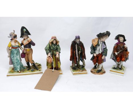 Five early 20th century Capodimonte porcelain figures, 1 with gold anchor mark 