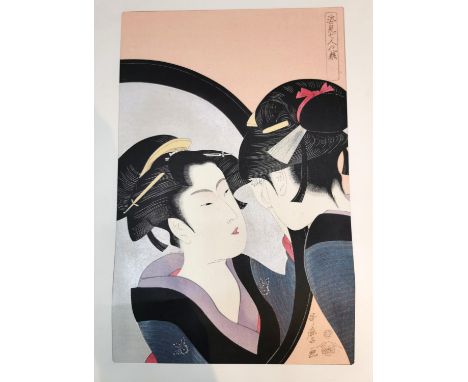 Kitagawa Utamaro, Japanese (1753 - 1806), an early 20th century woodblock print, 'Naniwa Okita Admiring Herself in a Mirror' 