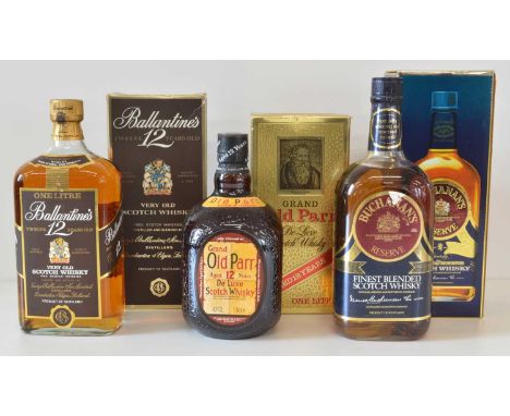 Mixed Lot Fine Scotch Whiskies 3 x Litre bottles Mixed Lot Fine Scotch Whiskies comprising: 1 litre bottle Ballantines 12 YO 