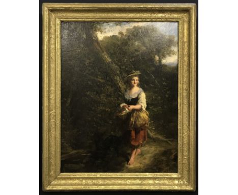 PHOEBUS LEVIN 1836-1908 GERMAN OIL ON CANVAS - PORTRAIT OF GIRL &amp; DOG, SIGNED, 60CM  X 77, HAS BEEN RELINED &amp; CLEANED