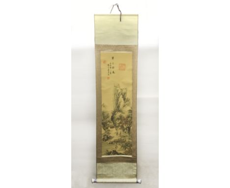 CHINESE PAINTING SHOWING MOUNTAIN AND CALLIGRAPHY ON SCROLL - SIGNED WITH RED SEAL MARKS