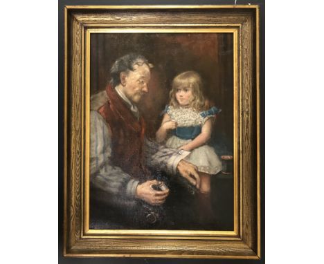 19C OIL ON CANVAS ''SEWING ON THE BUTTON'' 38CM  X 51CM , HAS BEEN RELINED &amp; HAS SOME MINOR RE-TOUCHING