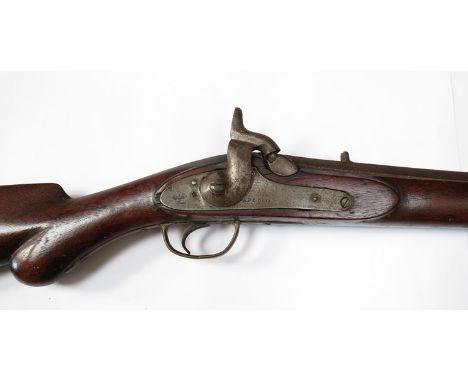 A 19th Century Indian Army two band percussion musket with crude action, crown mark to lock plate and "Made In India" letteri