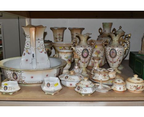 A LARGE QUANTITY OF BLUSH IVORY WARES, comprising wash bowl and pitcher, vases, planters, dressing table vanity set, etc. (s.