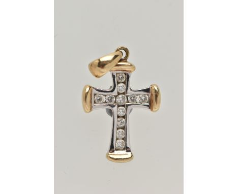 A 9CT GOLD DIAMOND CROSS PENDANT, the tapered cross channel set with eleven brilliant cut diamonds, estimated total diamond w