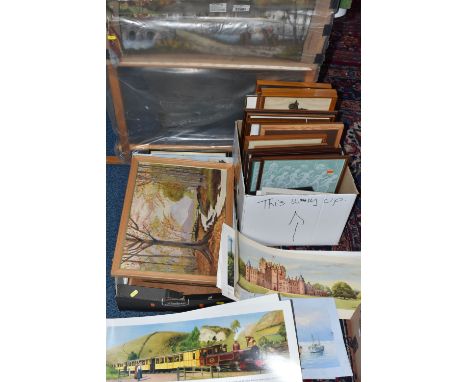 A BOX AND LOOSE ASSORTED PICTURES AND PRINTS ETC, to include original Railway carriage prints M.V. Cambria, M.V. Swan, T.S.S 