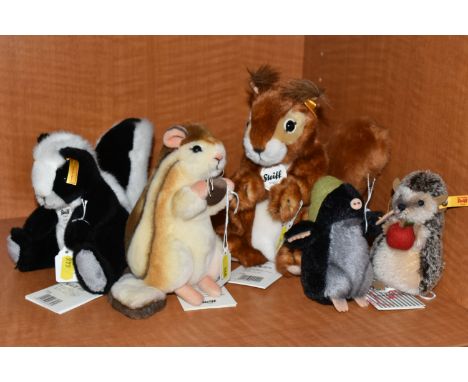 FIVE STEIFF WOODLAND CREATURES, comprising Nikki Squirrel 045141, Sniffy  Skunk 083589, Kecki Chipmunk 070945, Maxi Mole 0567