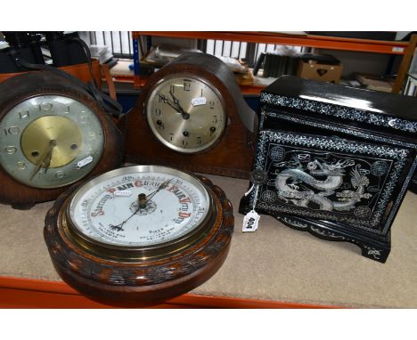 A GROUP OF CLOCKS AND AN ORIENTAL STYLE JEWELLERY BOX, black lacquered with three drawers and mother of pearl inlay 'Dragon' 