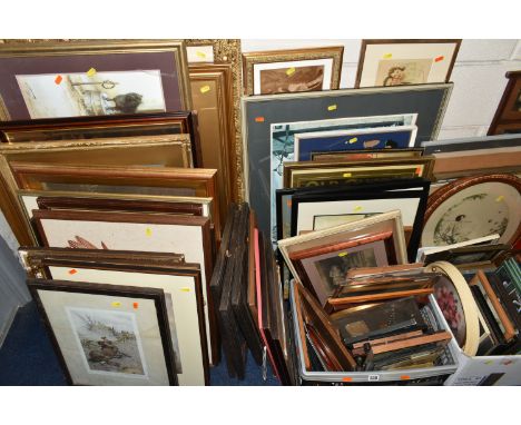TWO BOXES AND LOOSE ASSORTED PRINTS ETC, to include a pair of oval J. Dorval etchings, Albert Holden Pears prints, Myles Birk