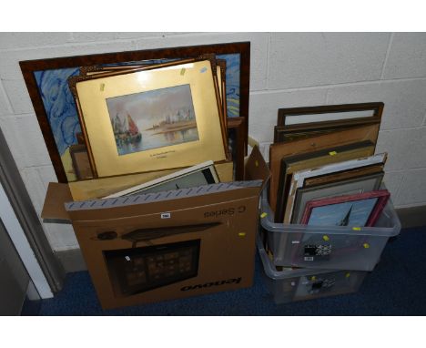 THREE BOXES OF 20TH CENTURY PAINTINGS AND PRINTS, to include two G Fratelli Venetian watercolours, approximate sizes 19cm x 2