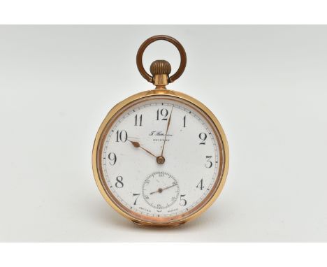 A YELLOW METAL OPEN FACE POCKET WATCH, manual wind, round white Arabic numeral dial signed 'T Fattorini, Skipton', subsidiary