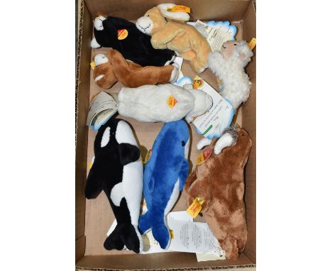 EIGHT STEIFF COSY FRIENDS ANIMALS, comprising Blue Whale (110627), Walrus (1110750), Orca (110634), Magnet Polar Bear (110917