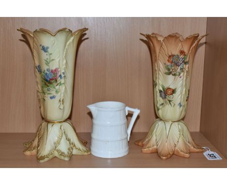 A GRAINGER &amp; CO. ROYAL CHINA WORKS BLUSH IVORY VASE, leaf moulded spill vase, green backstamp 915/G6037 and a similar Roy