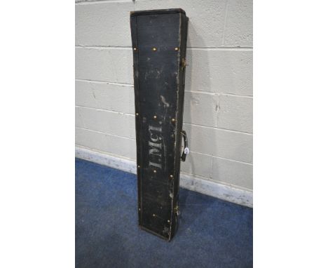 AN A.BOSWELL DARK BLUE LEATHER FISHING ROD TRUNK, width 127cm x depth 26cm x height 14cm (condition report: surface marks, sc
