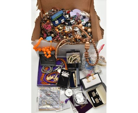 A BOX OF COSTUME JEWELLERY AND ITEMS, to include beaded necklaces, imitation pearl necklaces, four boxed sets of cufflinks, b