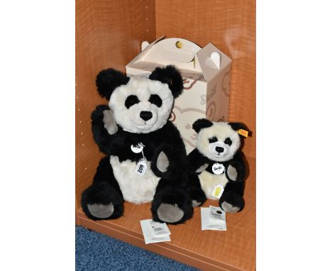 TWO STEIFF PANDA TED, no's.010637 and 010620, heights 42cm and 28cm respectively, with tags and paper labels attached, togeth