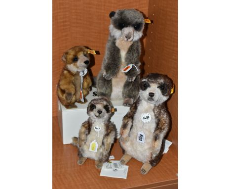 FOUR STEIFF MEERKATS, comprising 'Mungo', no. 071249, brown tipped mohair, height 30cm, 'Cockie', no. 045257, brown tipped mo