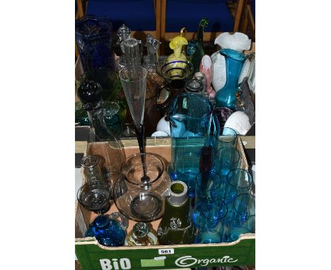 TWO BOXES OF DECORATIVE GLASS ITEMS, to include a small Whitefriars kingfisher blue jug, two ribbed optic water jugs approxim