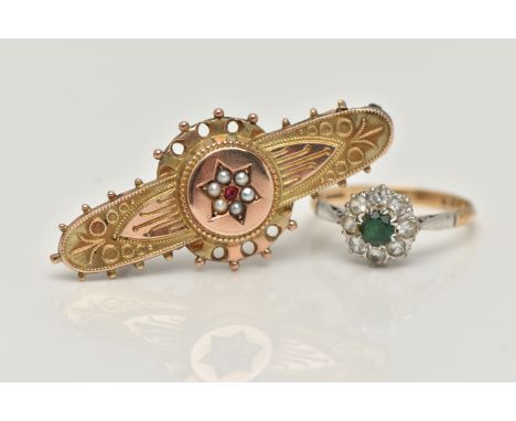 A 9CT GOLD CLUSTER RING AND A SWEETHEART BROOCH, the circular cluster set with a central circular cut green spinel, within a 