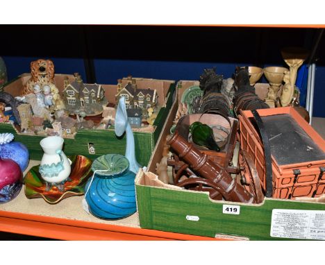 TWO BOXES OF ORNAMENTS AND VASES, to include a collection of Wade Porcelain trinket dishes and candle holders, two ceramic Sh