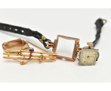 A LADIES 9CT GOLD WRISTWATCH AND A BROOCH, manual wind watch, square white dial signed 'J.W.Benson', Arabic numerals, gold to