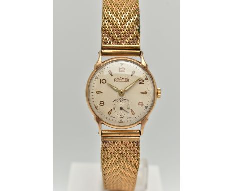 A GENTS 9CT GOLD 'ROAMER' WRISTWATCH, manual wind, round silvered dial signed 'Roamer', alternating Arabic and baton markers,