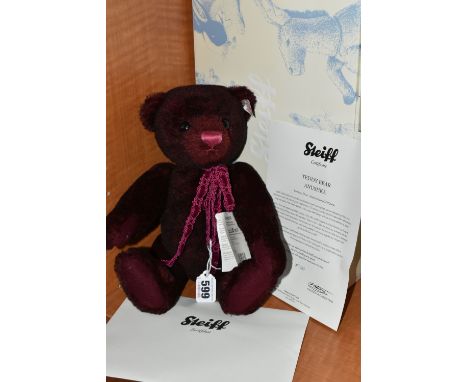 A BOXED STEIFF LIMITED EDITION 'TEDDY BEAR ANUSHKA', no.034800, ltd ed no. 485/1500, Bordeaux mohair, height 34cm, tag and la