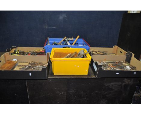 SIX TRAYS CONTAINING HAND TOOLS including spanners by Calor, King Dick, Williams Superslim, Britool etc, brace and drill bits