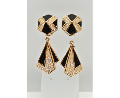 A PAIR OF 'CHRISTIAN DIOR' CLIP ON COSTUME EARRINGS, gold tone with colourless paste and black enamel detail abstract drops, 