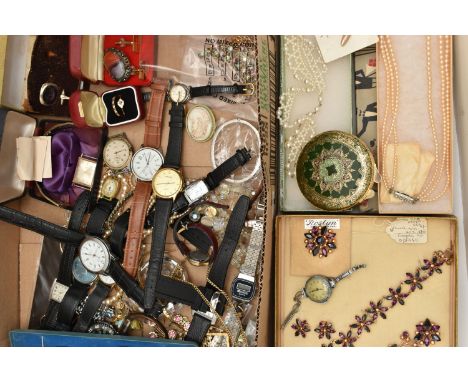 A BOX OF ASSORTED COSTUME JEWELLERY AND WATCHES, to include a boxed suite of 'Roslyn' costume jewellery, to include a necklac