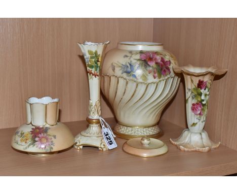 A SMALL GROUP OF ROYAL WORCESTER BLUSH IVORY PORCELAIN, comprising a small posy vase, green backstamp Rg.No.228346, a trumpet