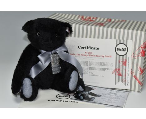 A BOXED STEIFF FOR DANBURY MINT LIMITED EDITION VICTORIA THE PENNY BLACK MOHAIR BEAR, No.690846, appears complete and in very
