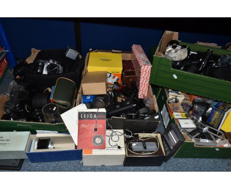 FIVE BOXES OF VINTAGE CAMERA AND CINE EQUIPMENT, to include a complete boxed Weston Euro Master light meter, two Olympus Boun