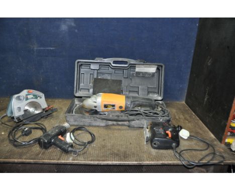 A JCB LTD 2001 9in ANGLE GRINDER IN CASE, Black and Decker KS846N circular saw, a BD538SE jigsaw and a BD1610E heat gun (all 