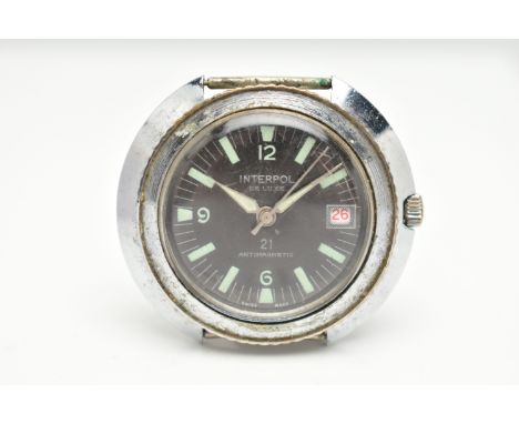 AN INTERPOL DE LUXE WATCH HEAD, the dark circular face with luminous baton markers and hands, a date dial at 3 o'clock, face 