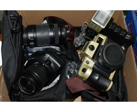 A BOX OF PHOTOGRAPHIC EQUIPMENT, to include a Canon 1100D digital SLR camera with 18-55mm zoom lens and 55-250mm zoom lens, b