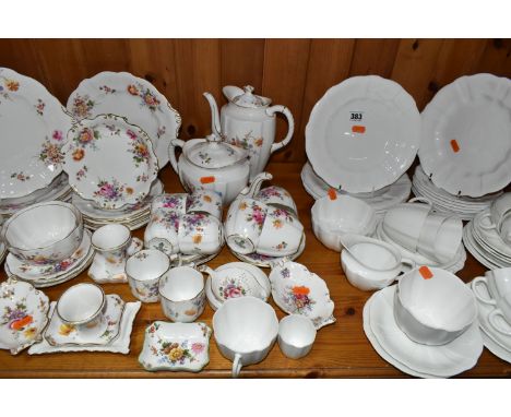 A QUANTITY OF ROYAL CROWN DERBY 'DERBY POSIES' TEA AND COFFEE WARES AND A ROYAL CROWN DERBY WHITE GLAZED (BLANK) TEA SET, the