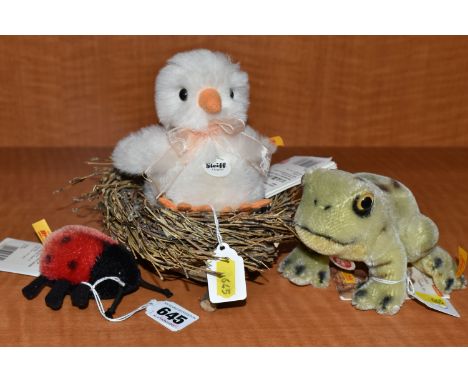 THREE STEIFF ANIMALS, comprising 'Chick In the Nest 033087, height 12cm, 'Froggy Frog' 092060, height 14cm and 'Ladybird' 032