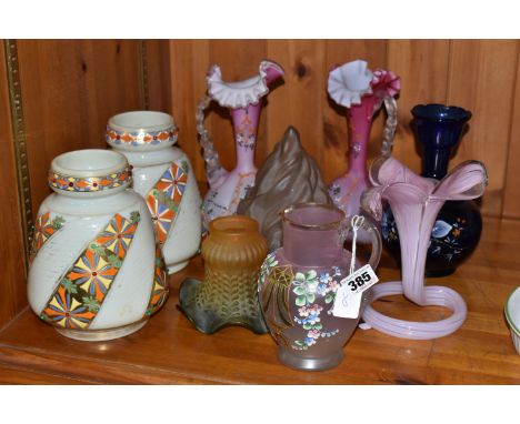 A SMALL COLLECTION OF LATE 19TH AND 20TH CENTURY GLASSWARE. including a pair of late 19th century opaque squat baluster vases